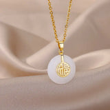 Gold-Color Stainless Steel Round Jade Lucky Necklace for Women & Men – Retro Blessing Pendant 🎁💫