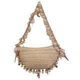 Women Pearl “Conch” Shoulder Bag with Pearl-Chain Strap – Elegant Straw Tote for Party & Commute