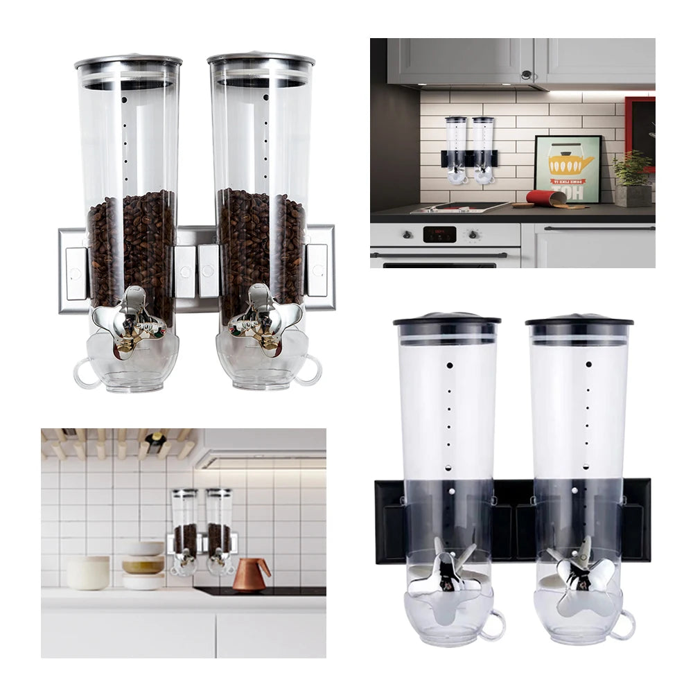 2-Pc Wall-Mount Dry Food Dispenser Set – Stainless Steel Cereal, Rice & Grain Containers (Silver & Black)