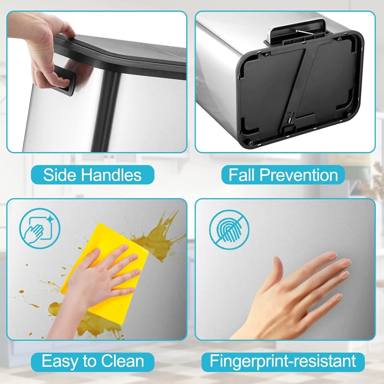 Dual Trash Can – Stainless Steel 2 × 4 Gallon (2 × 15L) Garbage & Recycling Bin with Pedal, Inner Buckets & Soft-Close Lid