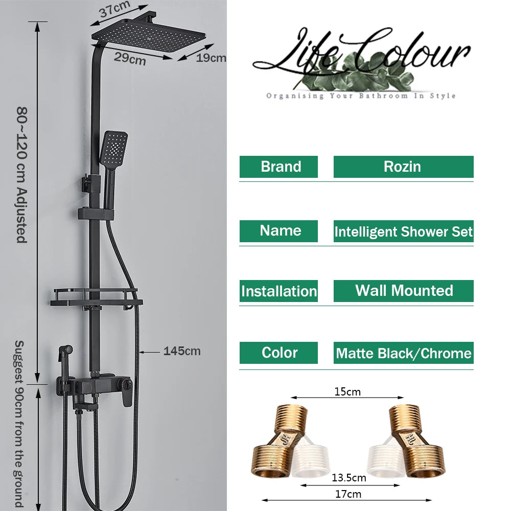 Digital Display Thermostatic Shower Mixer – Matte Black 4-Way Rainfall System with Shelf & Bidet Tap