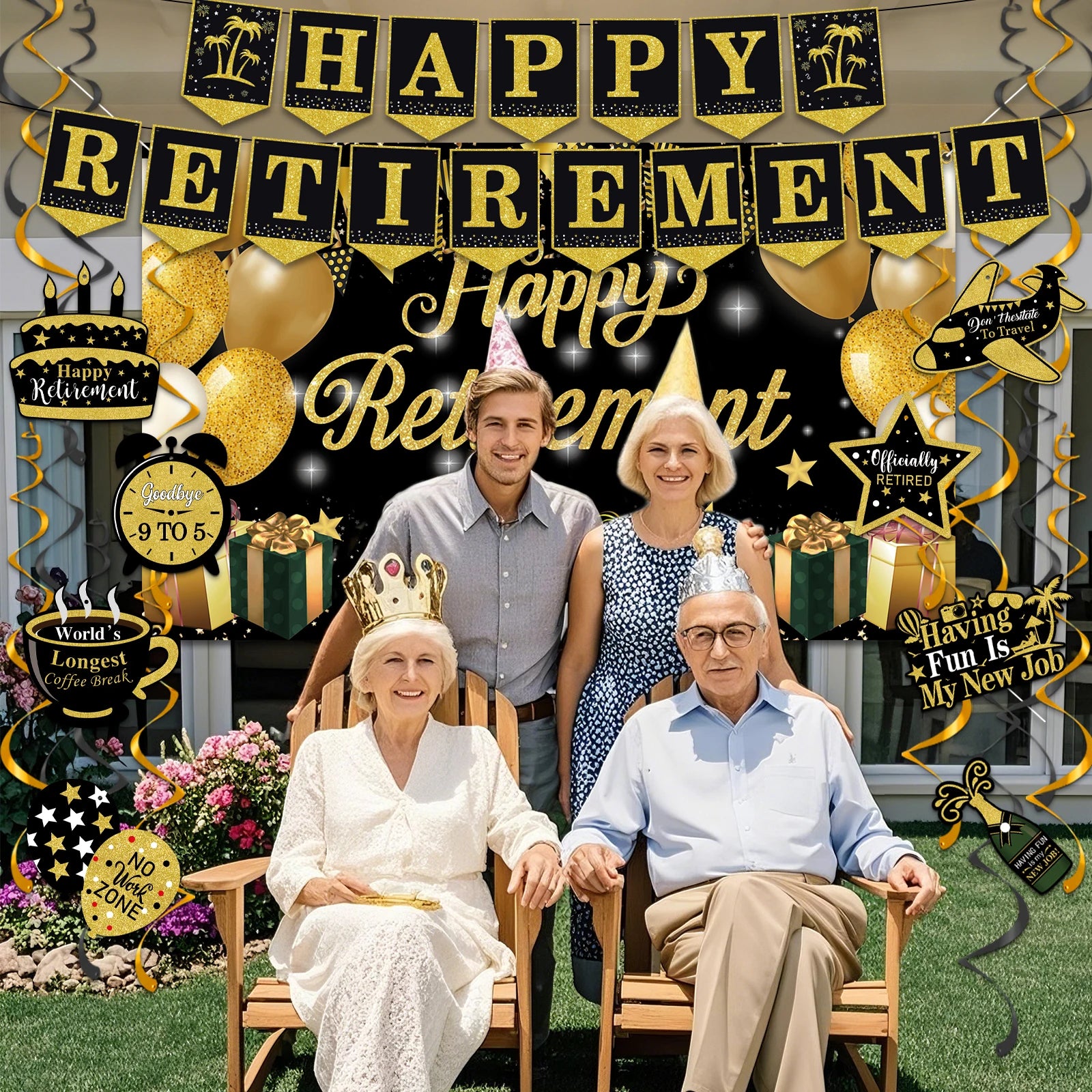 Elegant “Happy Retirement” Hanging Swirls & Banner Kit – Celebration Decorations Set for Men & Women