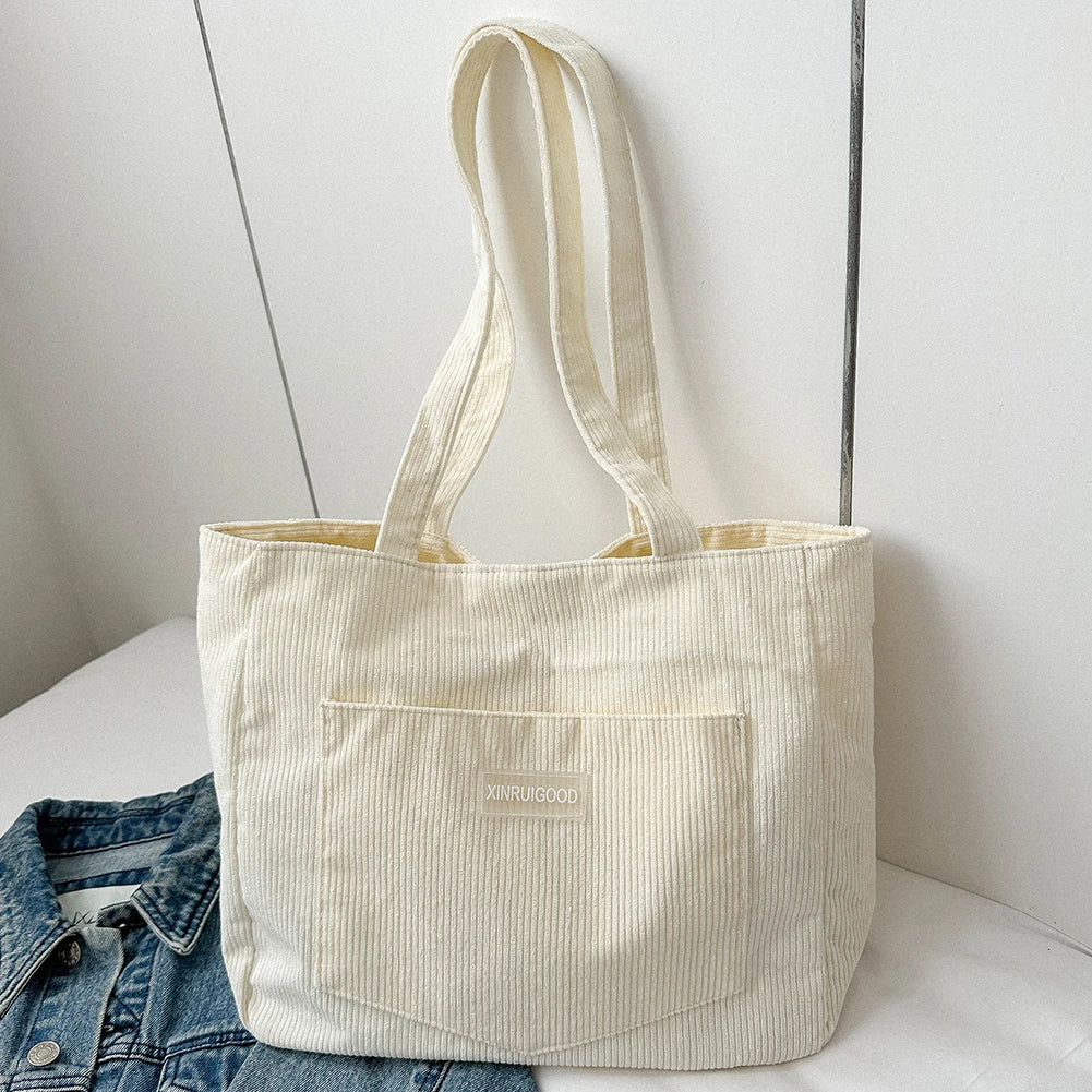 Women’s Corduroy Tote Bag with Pockets – Large-Capacity Shoulder Handbag for School, Work & Shopping