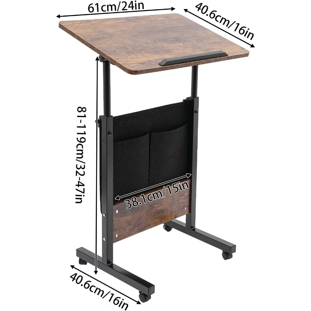 🖥️ Standing Desk 16–24 Inches – Portable Laptop Desk with Lockable Wheels & Rolling Stand-Up Workstation (Brown/Black)