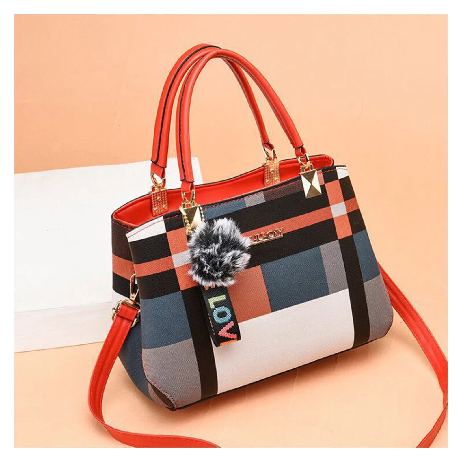 Elegant designer women’s handbag – PU leather crossbody messenger bag with top-handle tote design & fluffy keychain accessory