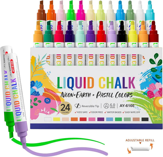 Bold Liquid Chalk Markers – 24 Vibrant Colors with Reversible Tip | Dust-Free Chalk Pens for Blackboard & Glass