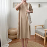 Women’s Cotton Maternity Dress – Pure Color Long Skirt with Nursing Access, Short Sleeve Pregnancy & Breastfeeding Clothes