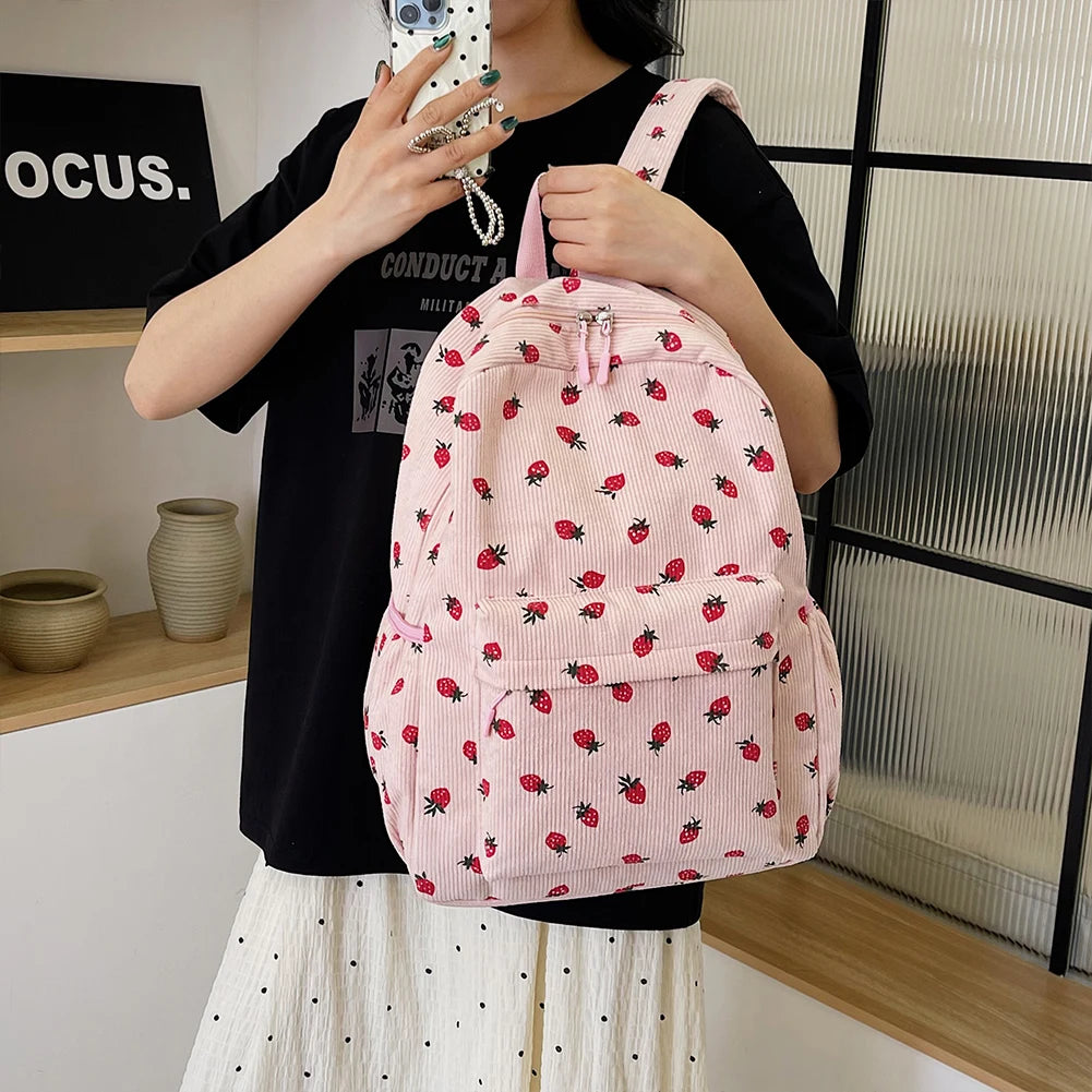 Corduroy Strawberry Graphic Backpack – Casual Large Capacity Travel Daypack