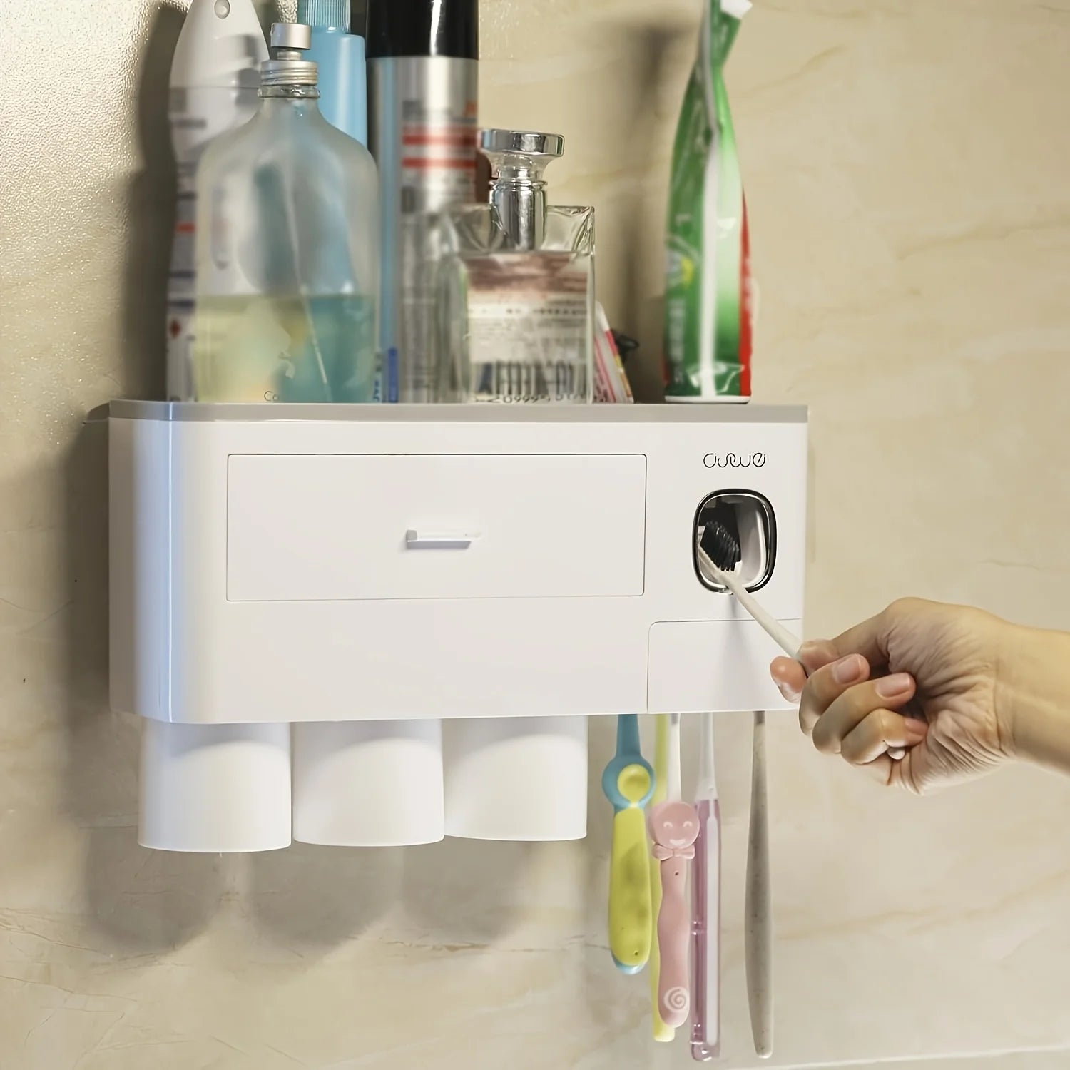Wall-Mounted Toothbrush Holder with Toothpaste Dispenser & Cosmetic Drawer – Bathroom Organizer (White)