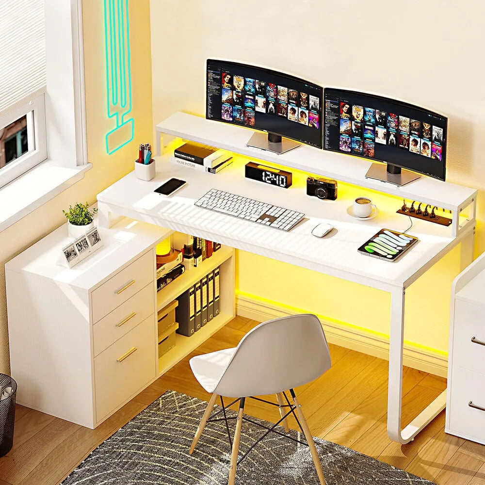 L-Shaped Gaming Computer Desk – Home Office Corner Desk with File Drawers for Storage & Organization