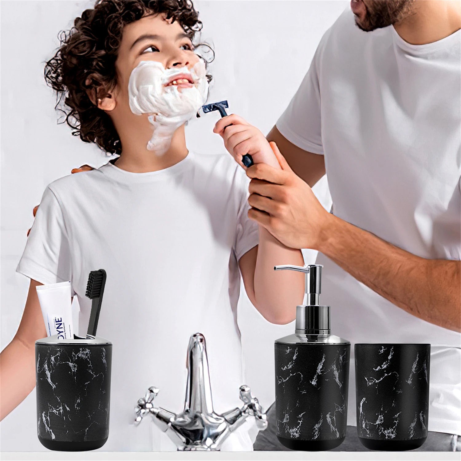 5-Piece Marble Bathroom Accessory Set (Black & White) – Lotion Dispenser, Toothbrush & Mouthwash Cups, Soap Dish & Box