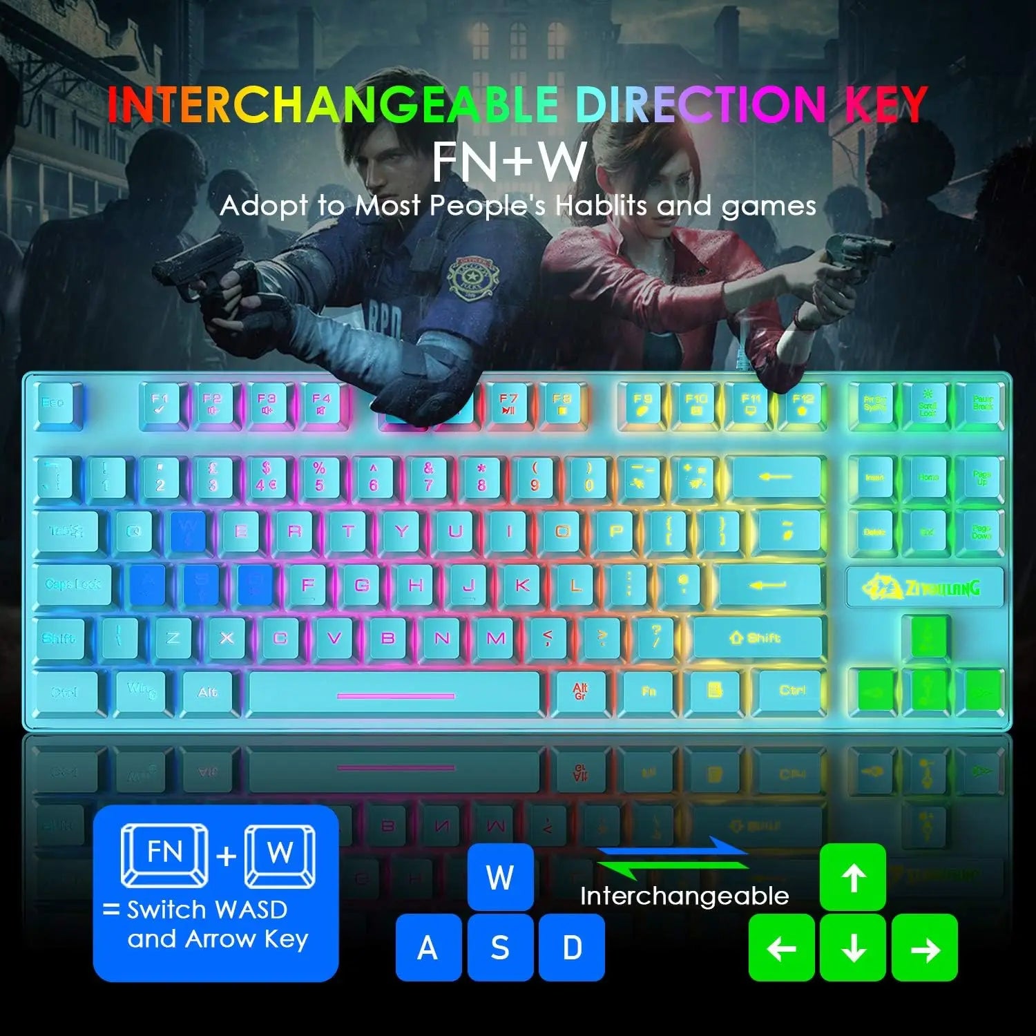 Gaming Keyboard and Mouse Combo – 88-Key Compact Rainbow Backlit Keyboard with RGB 6,400 DPI Honeycomb Lightweight Mouse