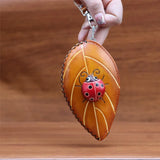Handmade Leather Coin Purse – Ladies Leaf & Ladybug Creative Key Case Clutch Bag (Yellow)