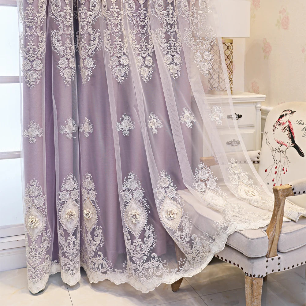 Vintage-Style Embroidered Dual-Layer Curtains – 3D Relief Pattern Window Drapes (Single Panel)
