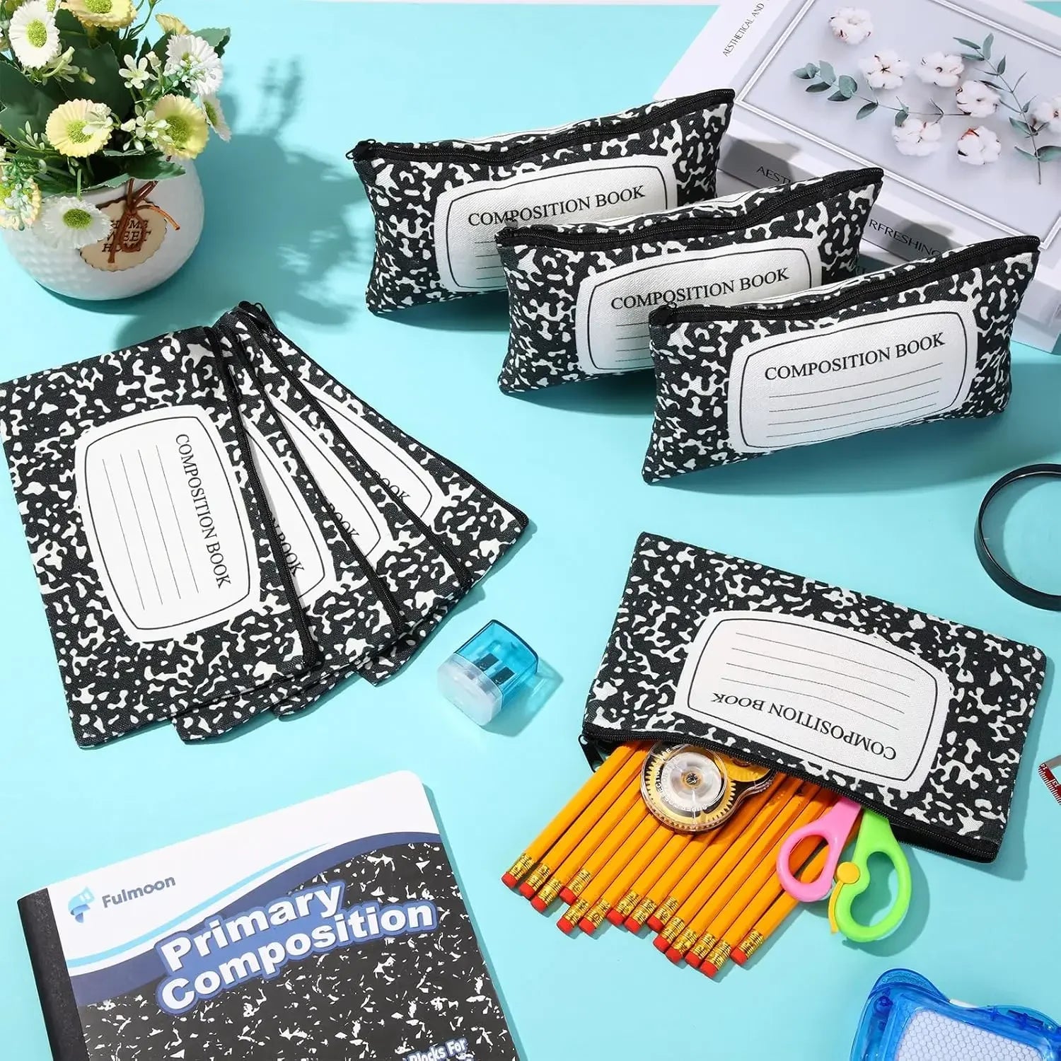 24-Piece Composition Canvas Pencil Pouches – Zippered Pen & Pencil Case Bulk Set