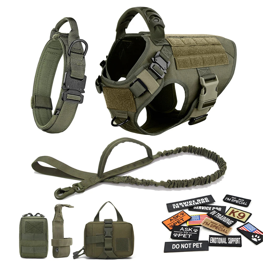 Military Tactical Large Dog Harness Set – Training Vest with Collar, Leash, Bags & Patches for Malinois & Large Breeds