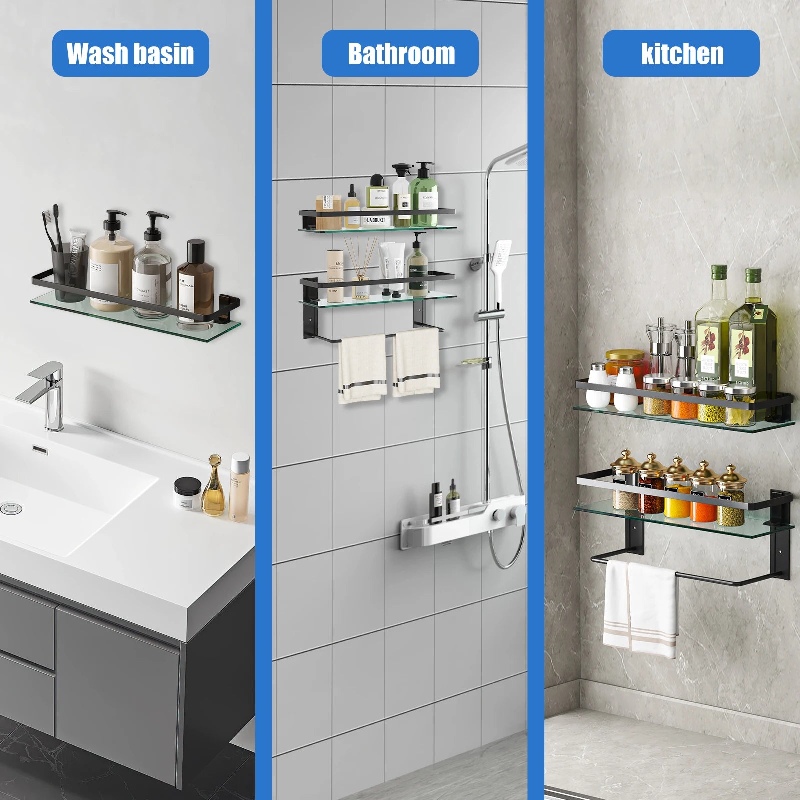 Glass Bathroom Shelf with Towel Bar – 15.7" Rustproof Metal 2-Tier Wall Organizer