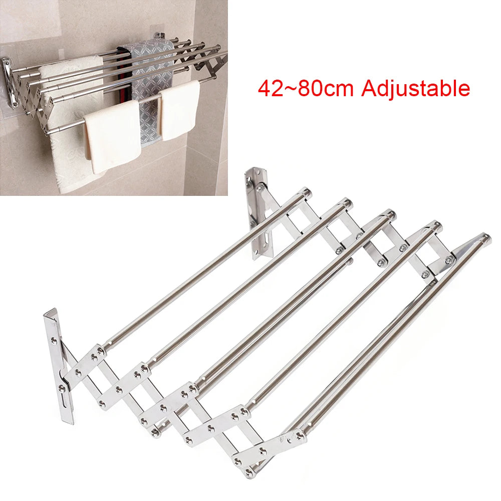 Adjustable Stainless-Steel Wall-Mounted Laundry Drying Rack – Extends 42-80 cm, Foldable Towel Holder for Bathroom & Utility