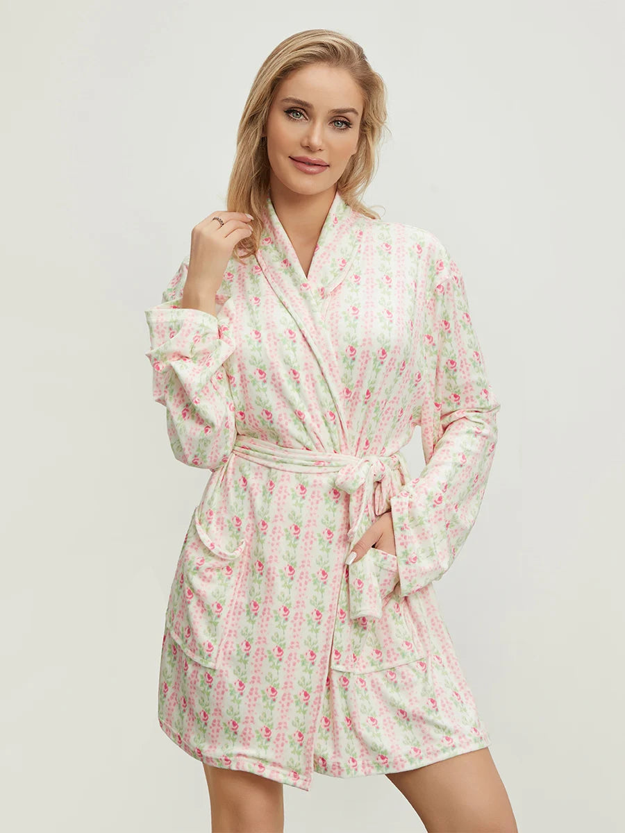 Women’s Elegant Floral Long Sleeve Robe – Belted Lapel-Collar Loungewear with Pockets for Spring & Autumn Nights
