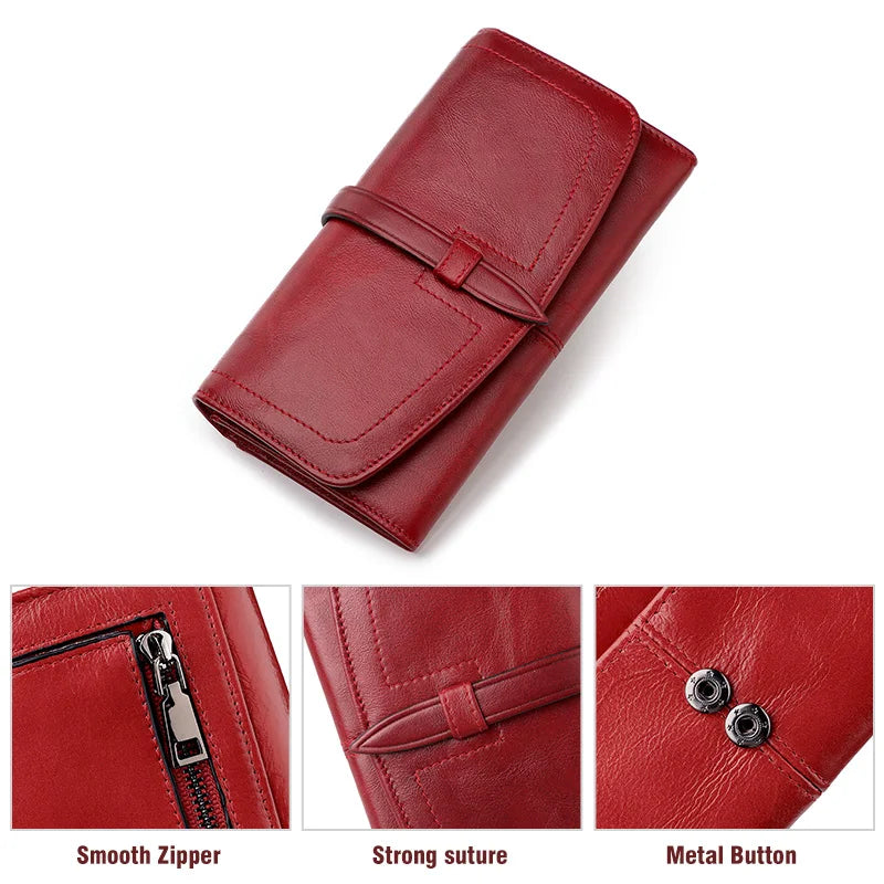 Women’s Genuine Leather Long Wallet – Luxury Clutch Purse with Phone Pocket, Card Holder & Casual Handbag Style