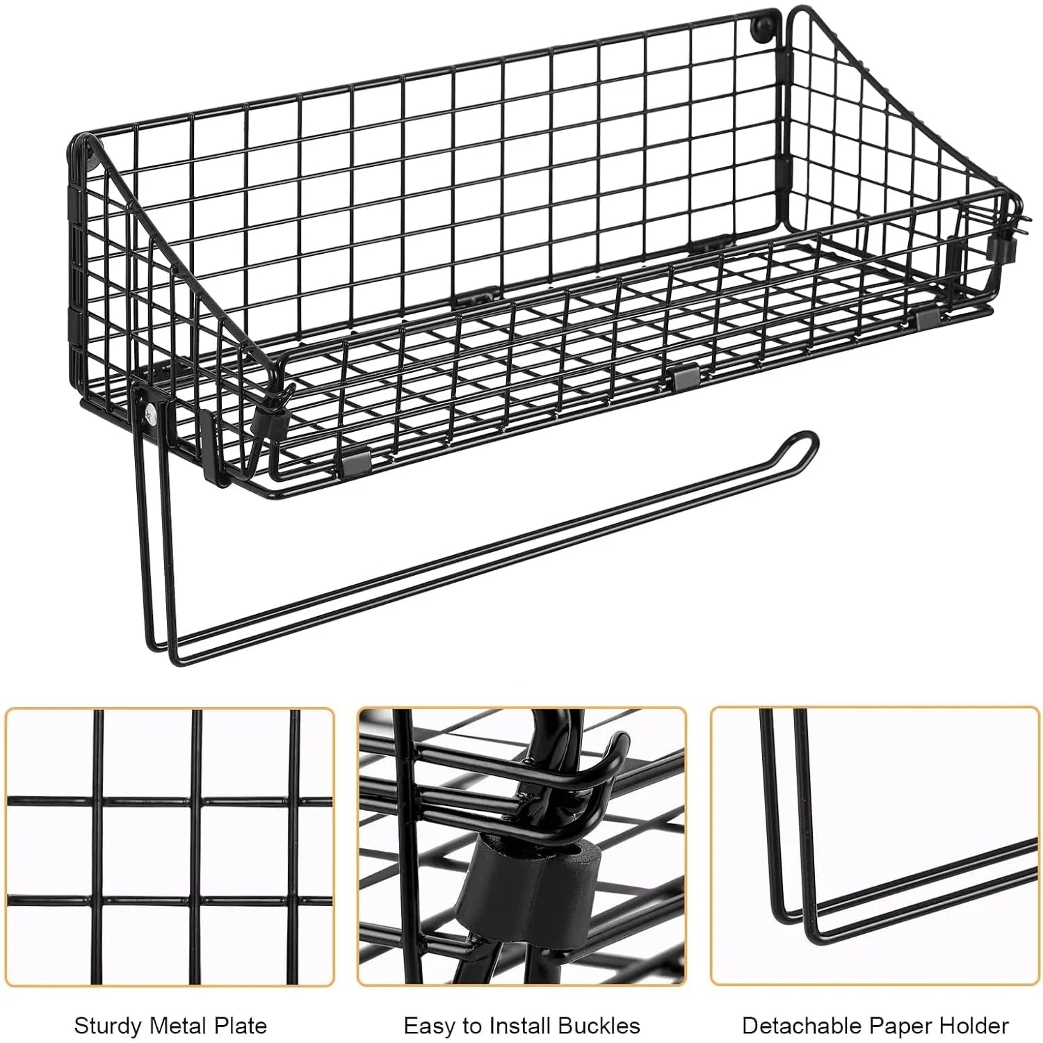 Metal Wall-Mounted Basket Organizer with Paper Towel Holder & Shelf – Rust-Resistant Black Finish