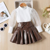 Girls Mesh Puff-Sleeve Turtleneck Top & PU Leather Pleated Skirt 2-Piece Set (Ages 1-6Y)