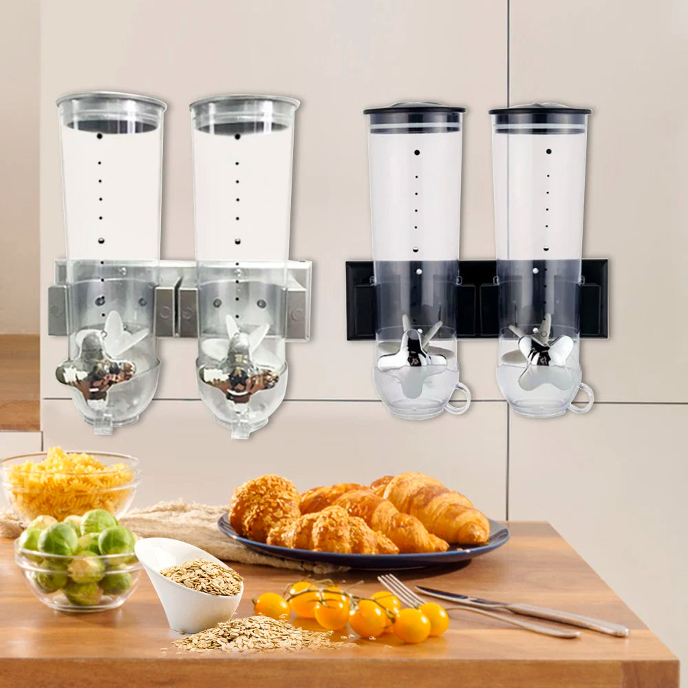 2-Pc Wall-Mount Dry Food Dispenser Set – Stainless Steel Cereal, Rice & Grain Containers (Silver & Black)