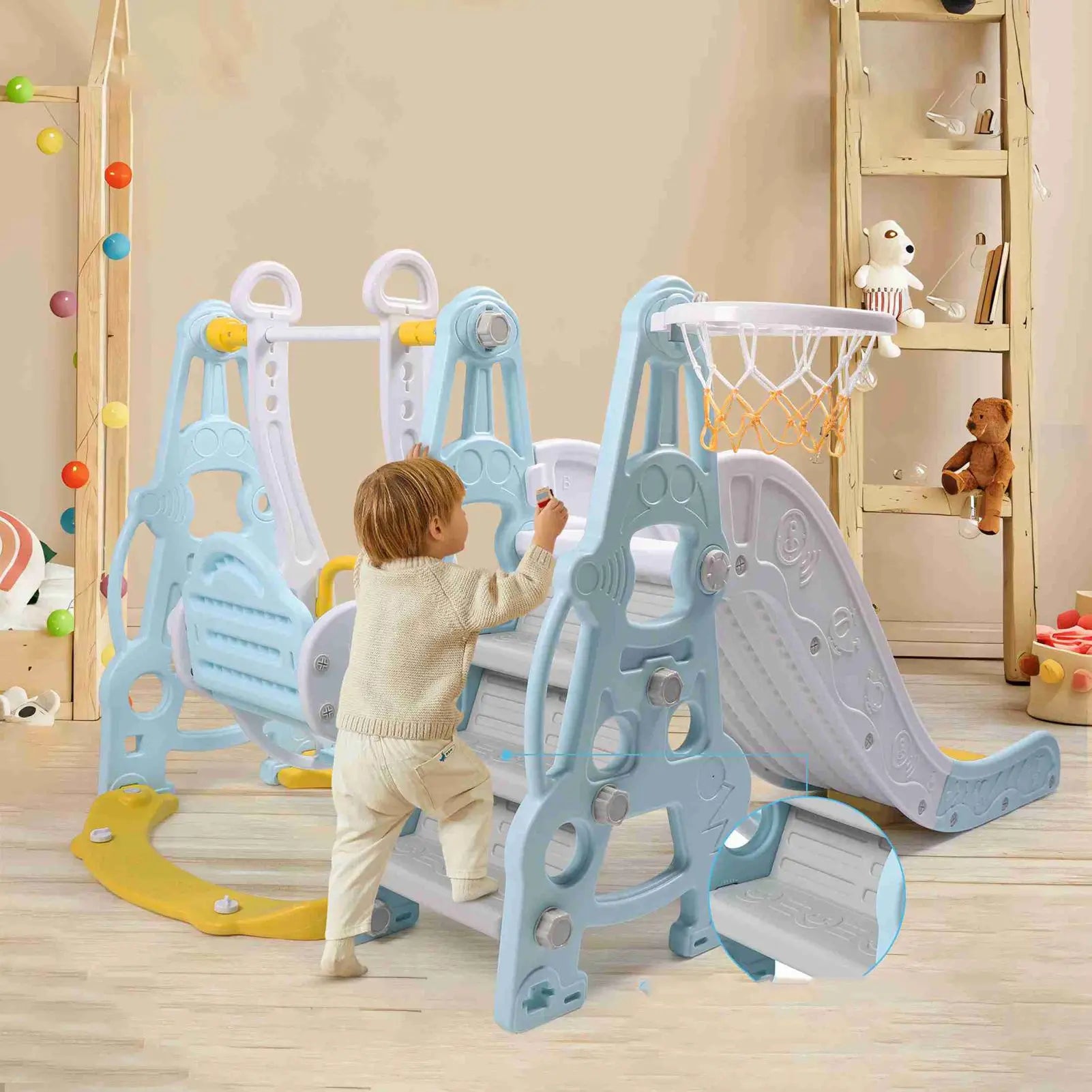 4‑in‑1 Toddler Playground Set – Swing, Slide, Climber & Basketball Hoop Indoor/Outdoor Playset (Blue)