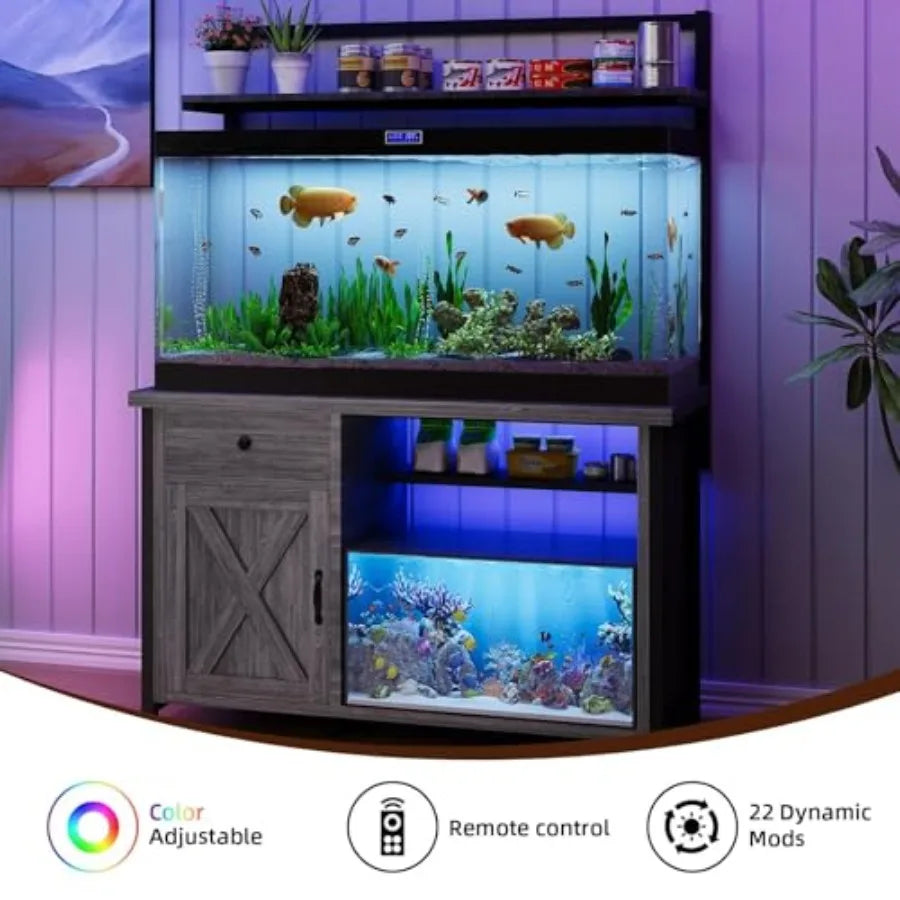 55–75 Gallon Heavy-Duty Fish Tank Stand with Power Outlet, LED Light & Storage Cabinet for Aquarium Accessories