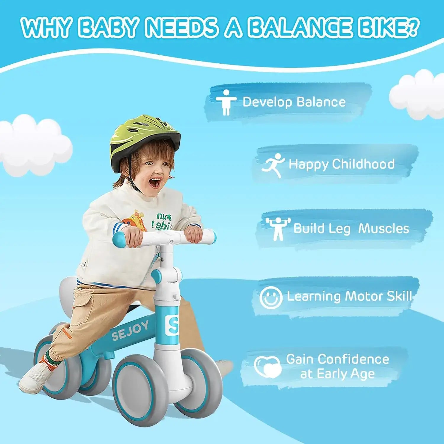 SEJOY Baby Balance Bike – Adjustable Toddler First Walking Bike for Boys & Girls (Seat & Handle Height Adjustable)