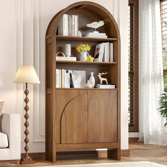 Mid-Century Arched Bookcase – 5-Tier Tall Display with Cabinet Doors, 71″ Architectural Library Storage