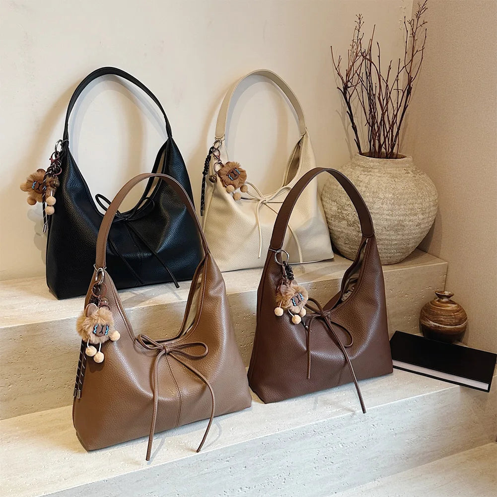 Women’s PU Leather Hobo Bag with Bow 🎀 – Trendy Solid Color Crescent Shoulder Bag & Mini Purse for Travel 💼✨