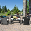 “4-Piece Rattan Patio Conversation Set – Cushioned Outdoor Sofa, 2 Chairs & Coffee Table with Tempered Glass Top”