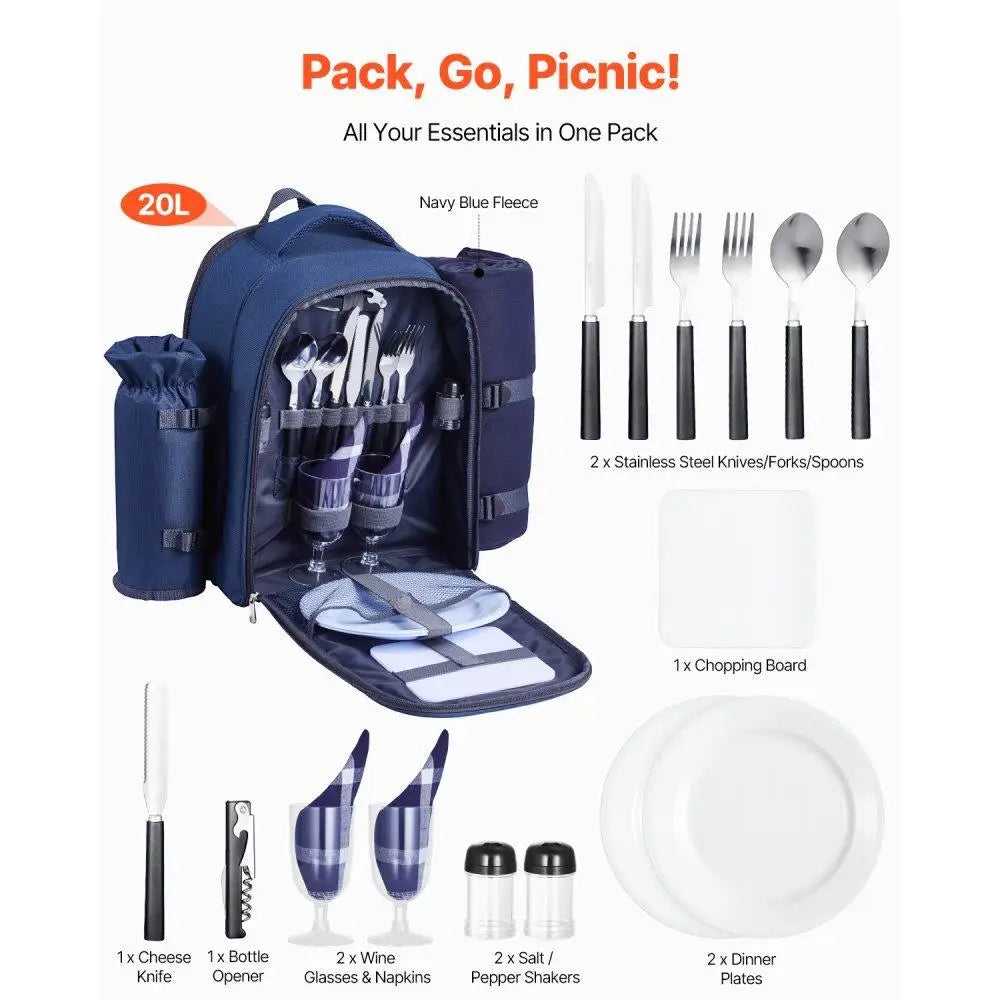 Navy Blue Picnic Backpack for Two – Insulated Cooler Compartment | Outdoor Beach & Camping Daypack