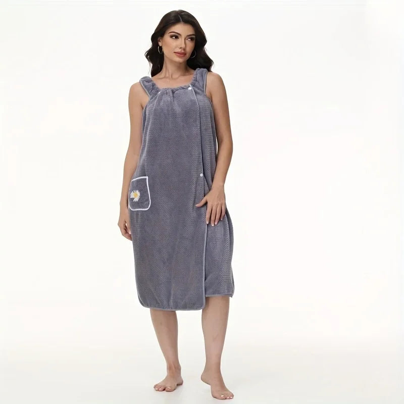 Luxurious Daisy Pattern Bath Towel Robe – Super Soft Wearable Absorbent Wrap with Pocket | Elegant Non-Shedding Bathroom Towel