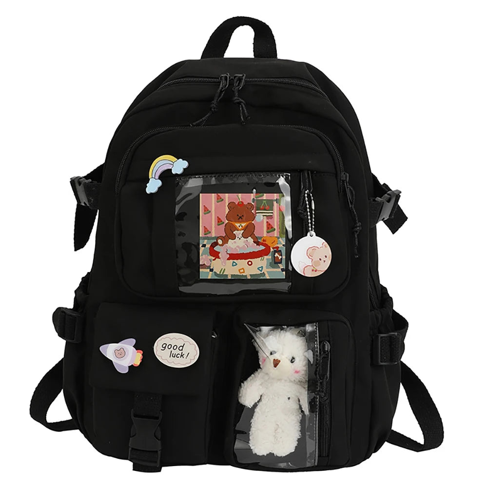 Cute Women’s Large-Capacity Backpack – Preppy Multi-Pocket Nylon Schoolbag | Student Travel Daypack