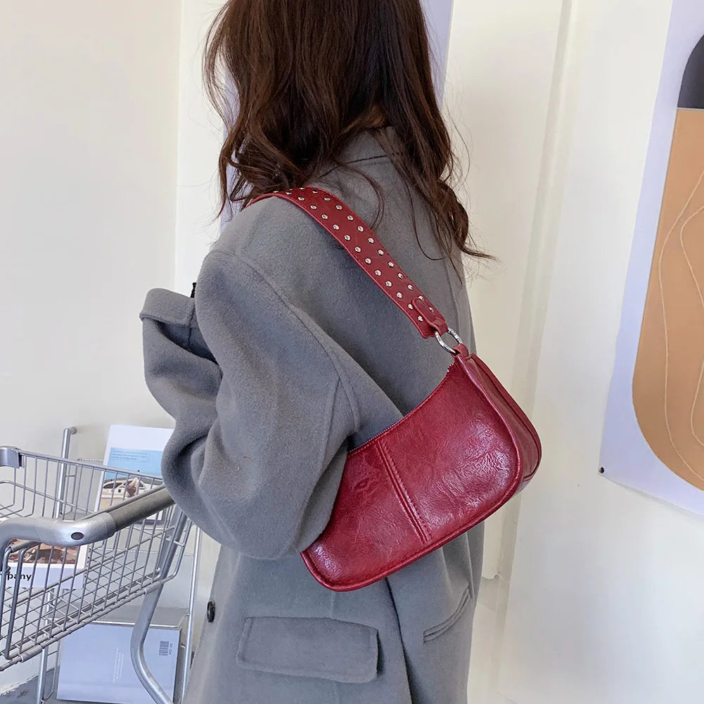 Studded Decor Under-Arm Satchel Bag – Adjustable Strap PU Leather Daily Shoulder Bag for Women