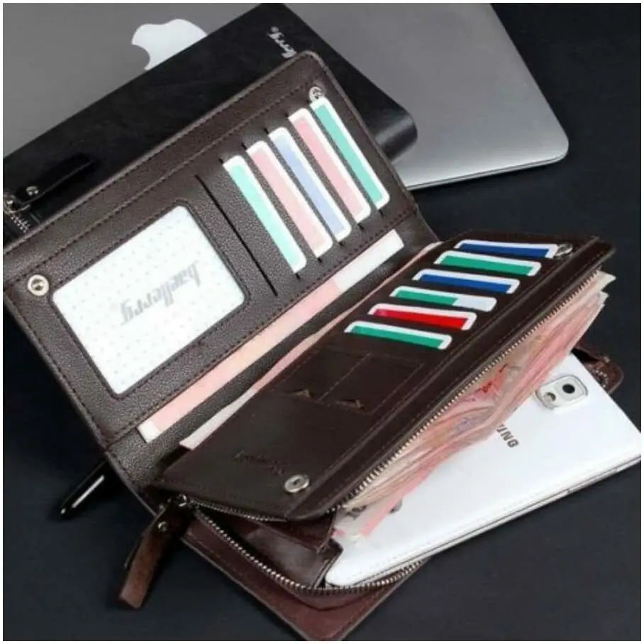 Men’s Long Zipper Bifold Wallet – Elegant Business Travel Leather Purse with Large Capacity & Card Holder Design