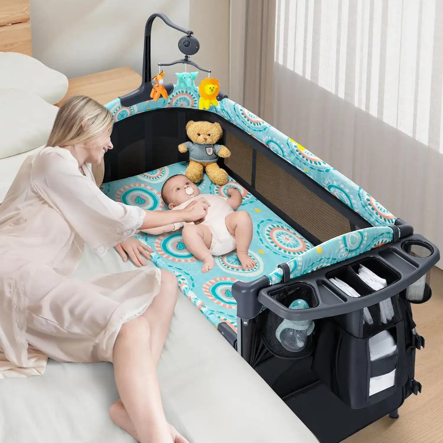 5-in-1 Bedside Bassinet & Convertible Baby Crib with Detachable Changing Table, Mattress, Storage Basket & Music – Adjustable Height