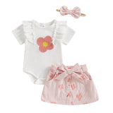Baby Girl 3-Piece Summer Outfit – Floral Print Romper, Matching Skirt & Headband Set for Outings & Photoshoots