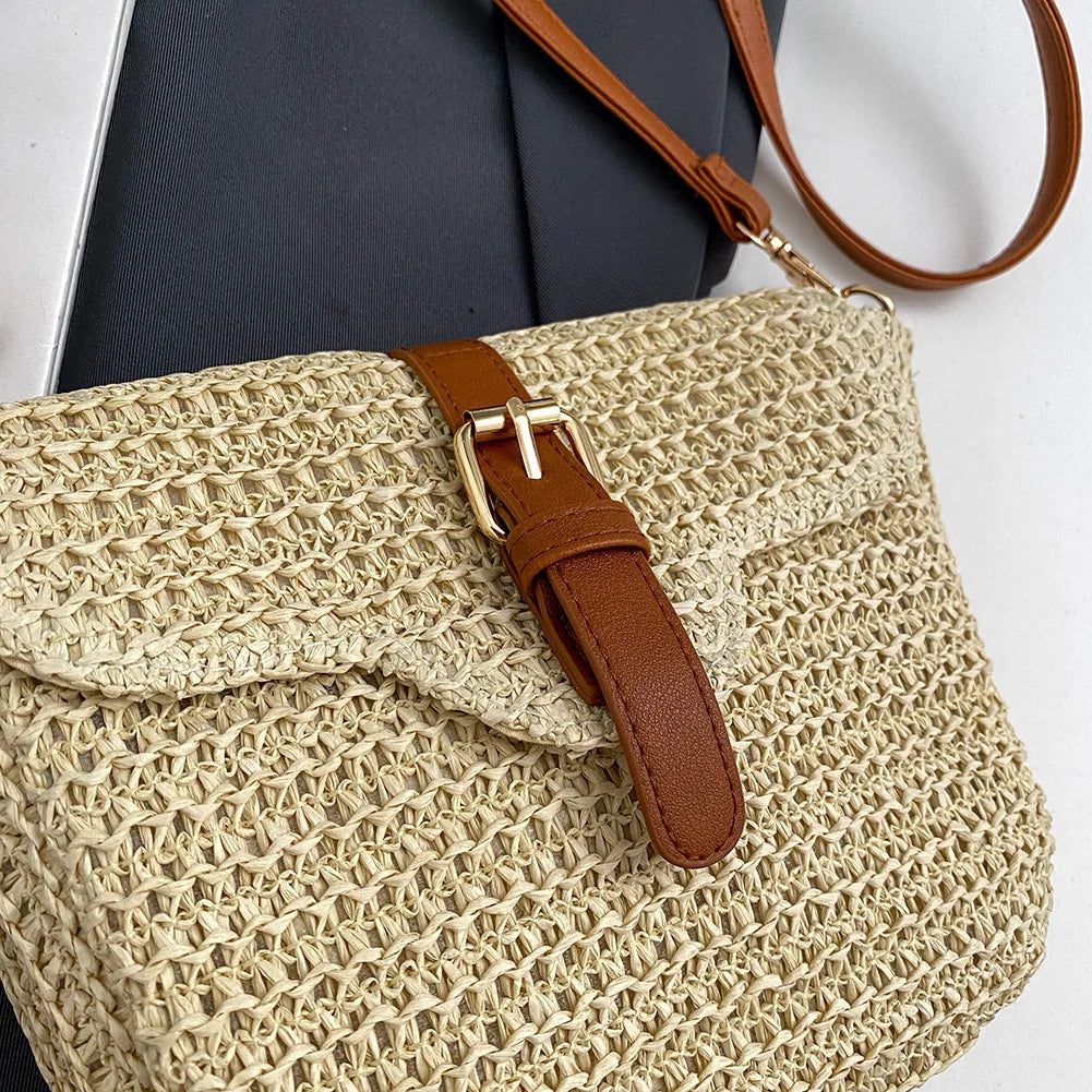 Women’s Summer Straw Tote Bag – Handmade Woven Paper Rope Crossbody with Adjustable Straps, Fashion Mobile Phone Bag