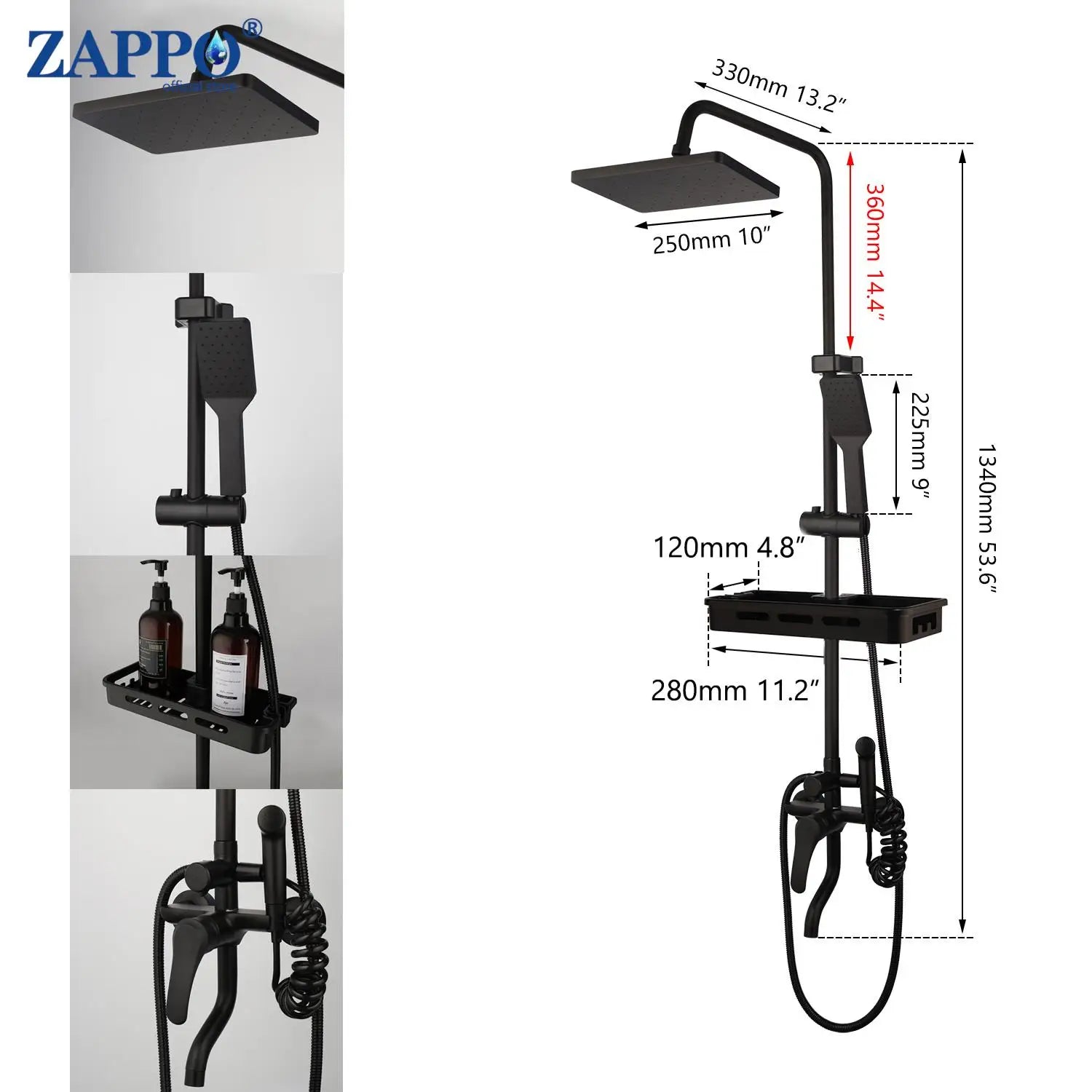 Zappo Matte Black 8-Inch Rainfall Shower Set – Wall-Mounted 3/4-Function System with ABS Shelf