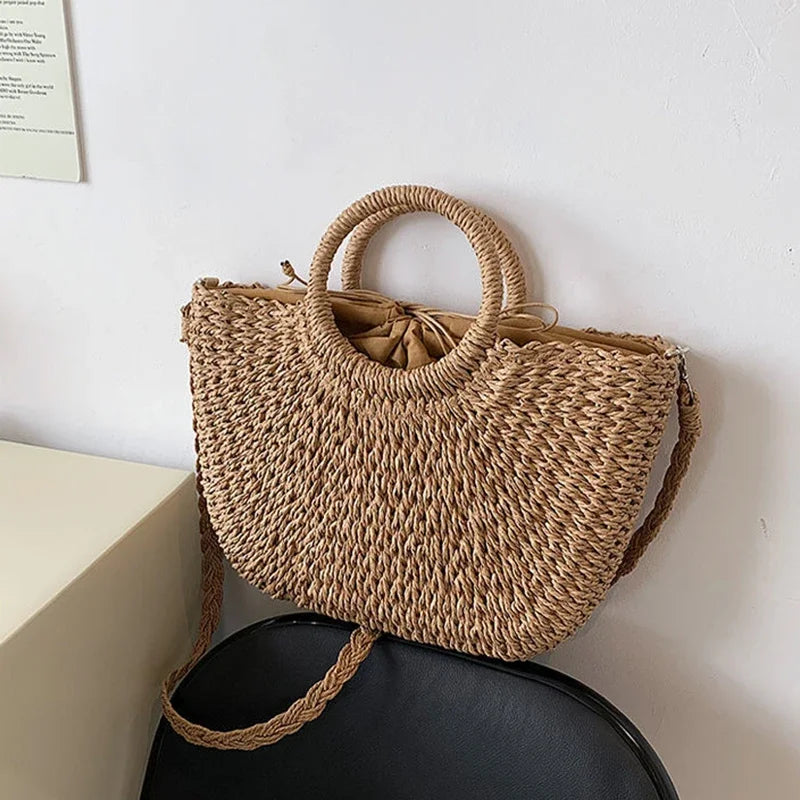 Handmade Straw Woven Bucket Tote for Women – Summer Seaside Beach Handbag with Handle, Travel & Shopping Basket Bag
