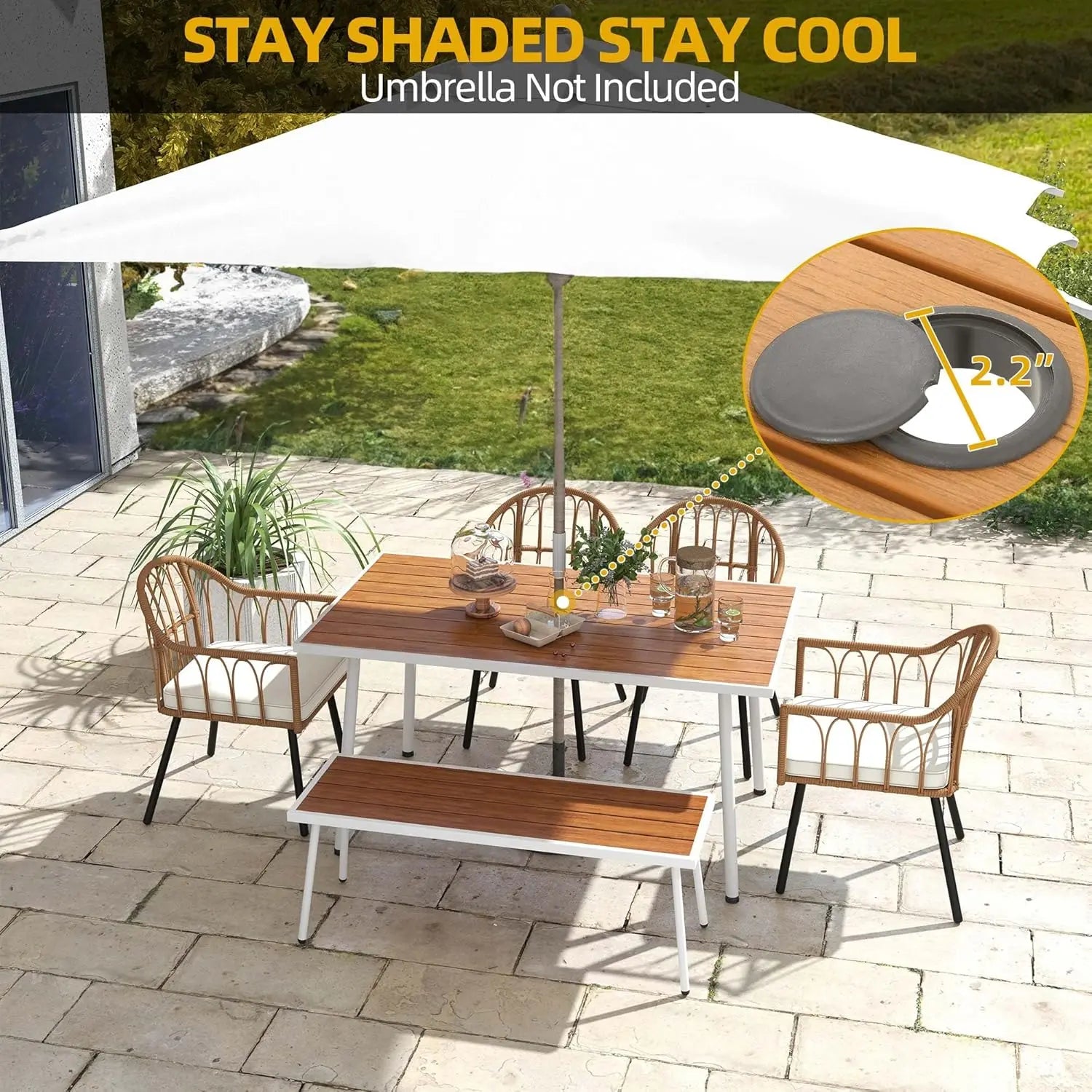 “6-Piece Outdoor Patio Dining Set – Wicker Table with 4 Chairs, Dining Bench & Umbrella Holes”