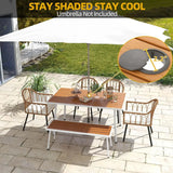 “6-Piece Outdoor Patio Dining Set – Wicker Table with 4 Chairs, Dining Bench & Umbrella Holes”