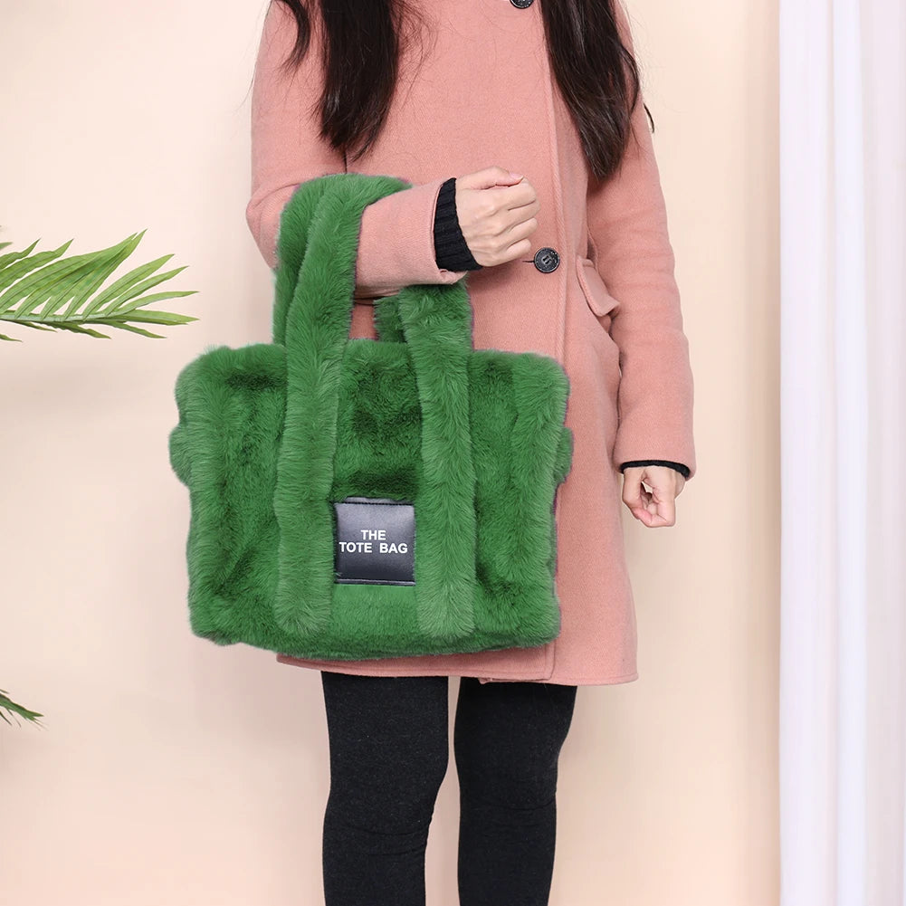 Women’s Fluffy Plush Tote Bag – Solid Color Soft Shoulder & Crossbody Shopper with Large Capacity for Work, Travel & Daily Use