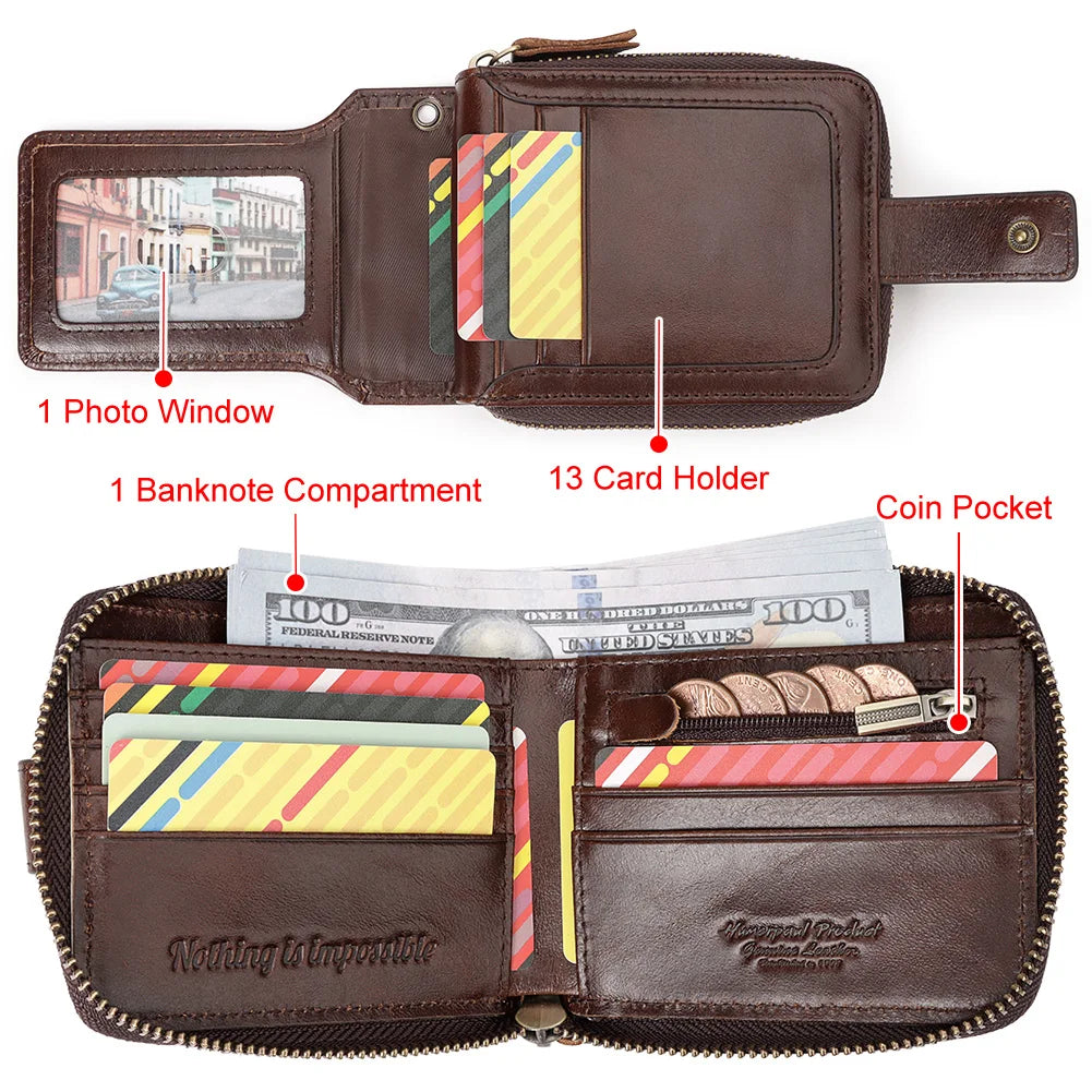 KAVIS Men’s RFID Genuine Leather Wallet – Multifunction Zipper Storage Money Bag with Coin Purse & Card Holder
