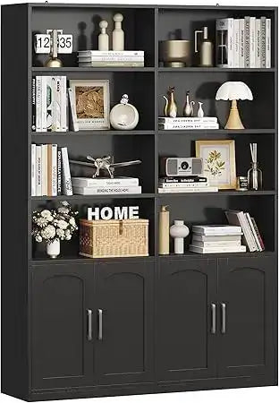 6-Tier Double-Wide Bookshelf & Bookcase with Doors – Large 73″ Tall Open Display Shelves + Storage Cabinets