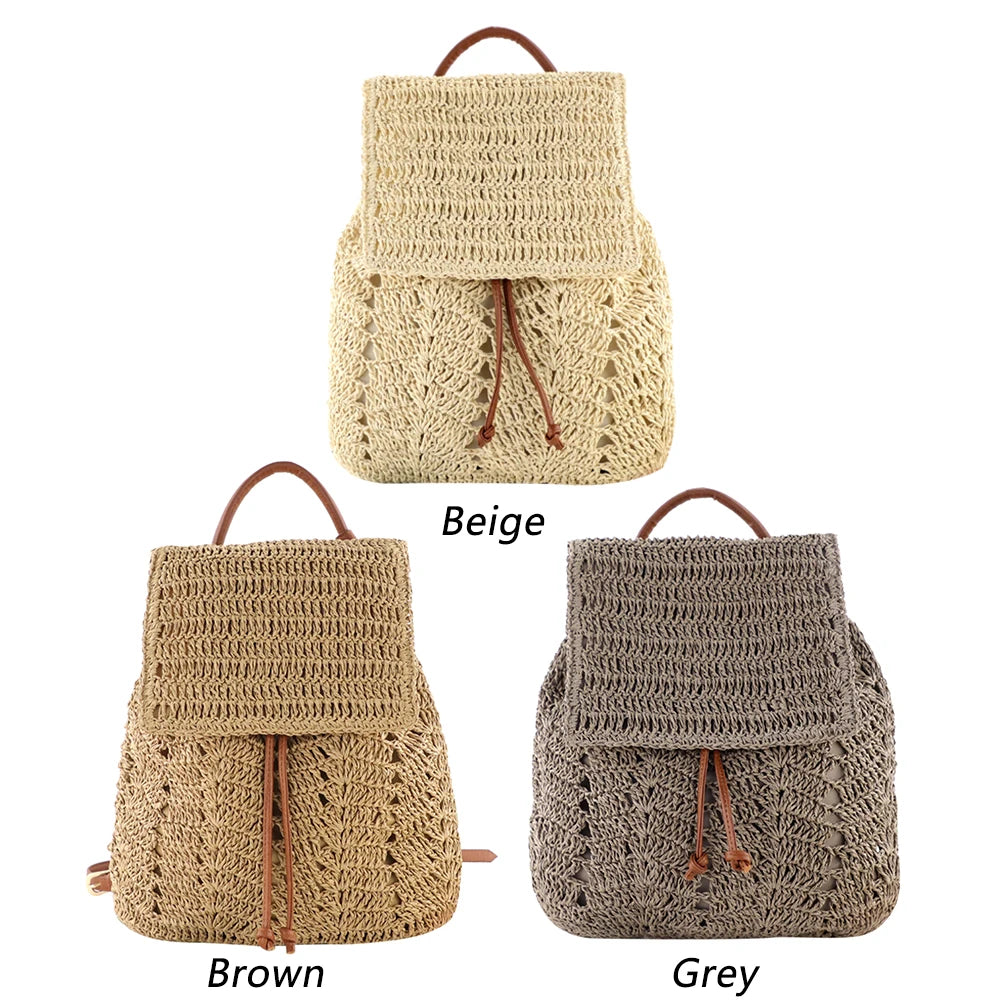 Handmade Woven Straw Shoulder Backpack for Women – Casual Beach Top Handle Bag