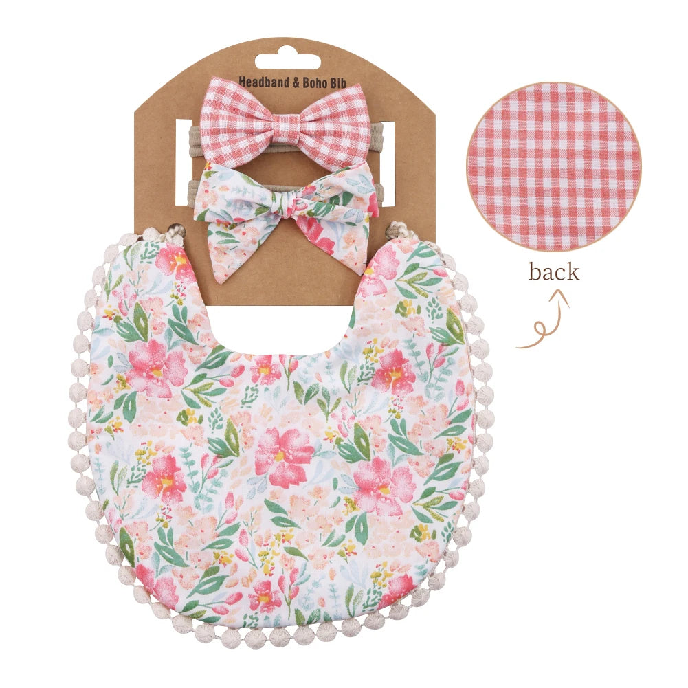 3-Piece Flower Print Baby Bib & Headband Set – Soft Cotton Linen Feeding Bandana Bibs | Double-Layer Saliva Towels for Boys & Girls